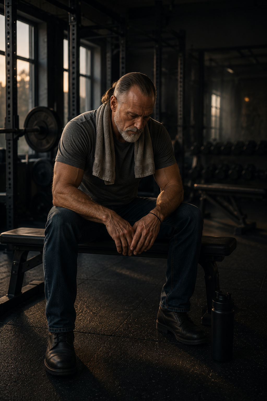 Older man sitting alone on gym bench in thought