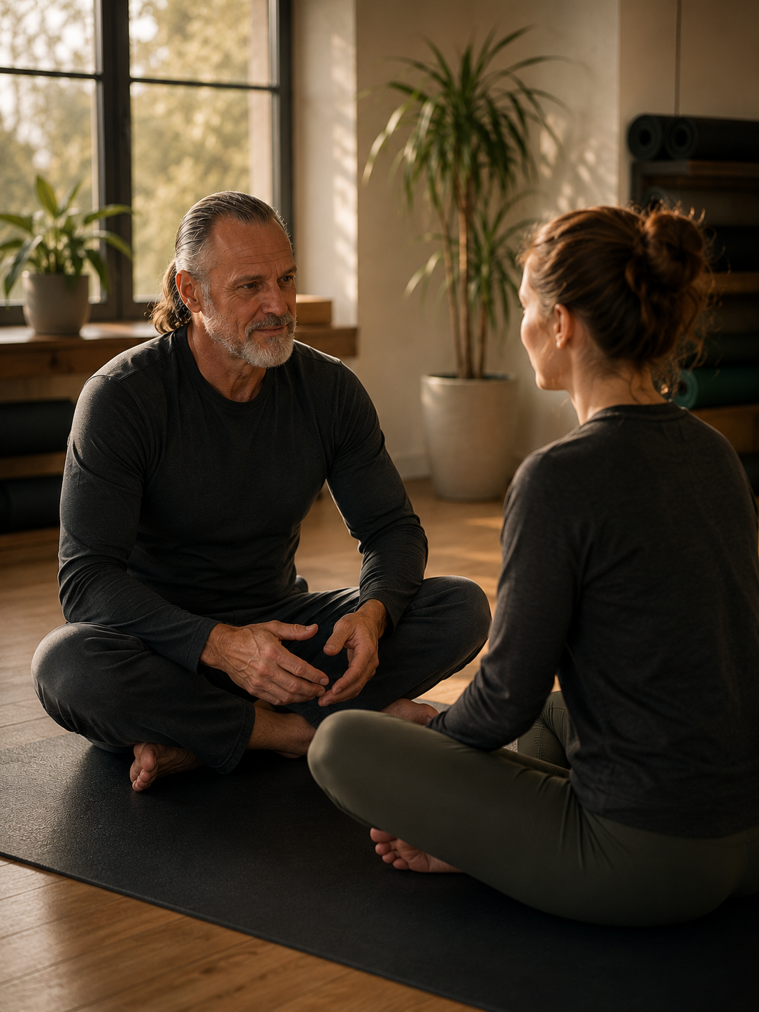 Man and woman sitting face to face on yoga mats in conversation