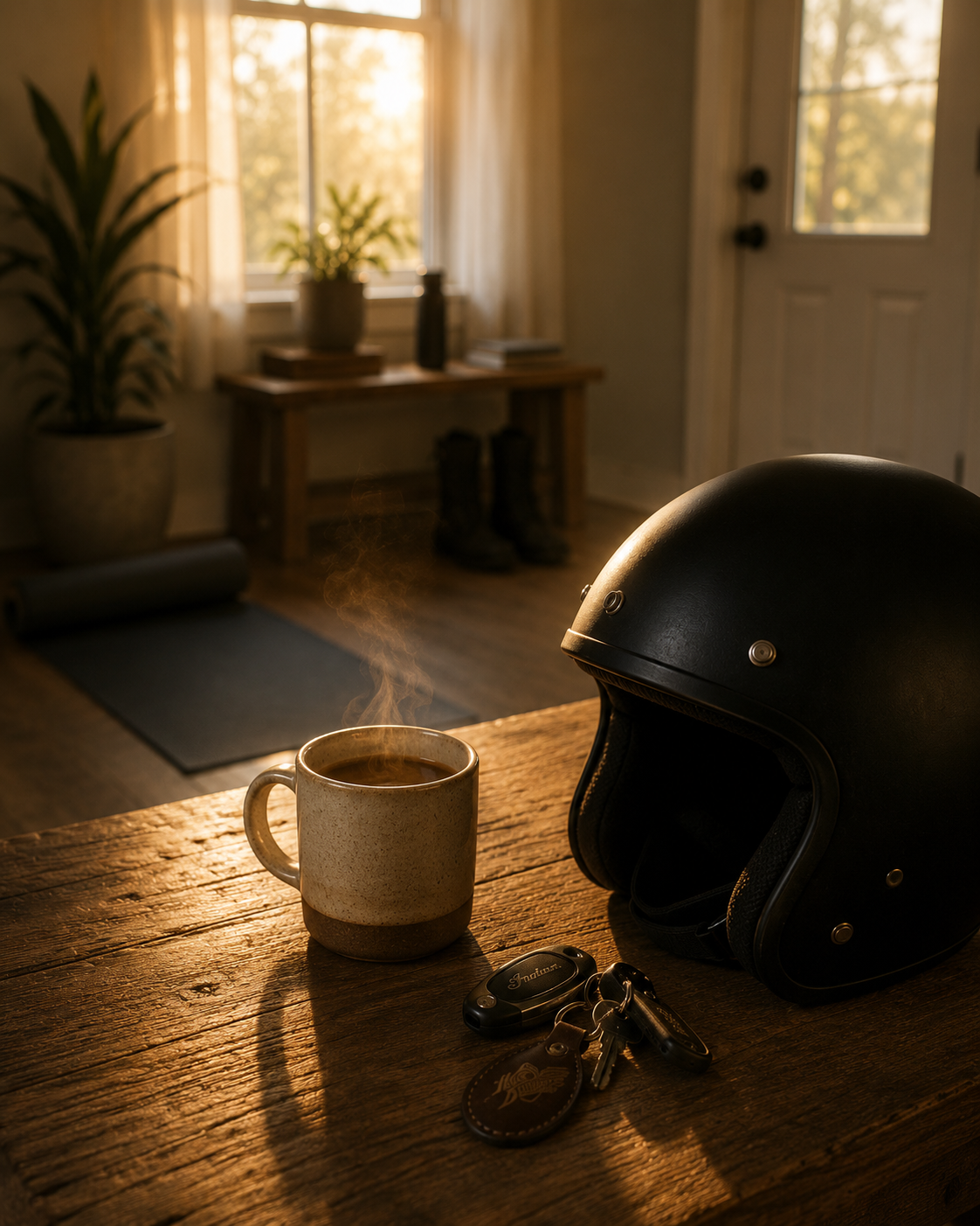 Steaming coffee mug and motorcycle helmet on wooden table at sunrise